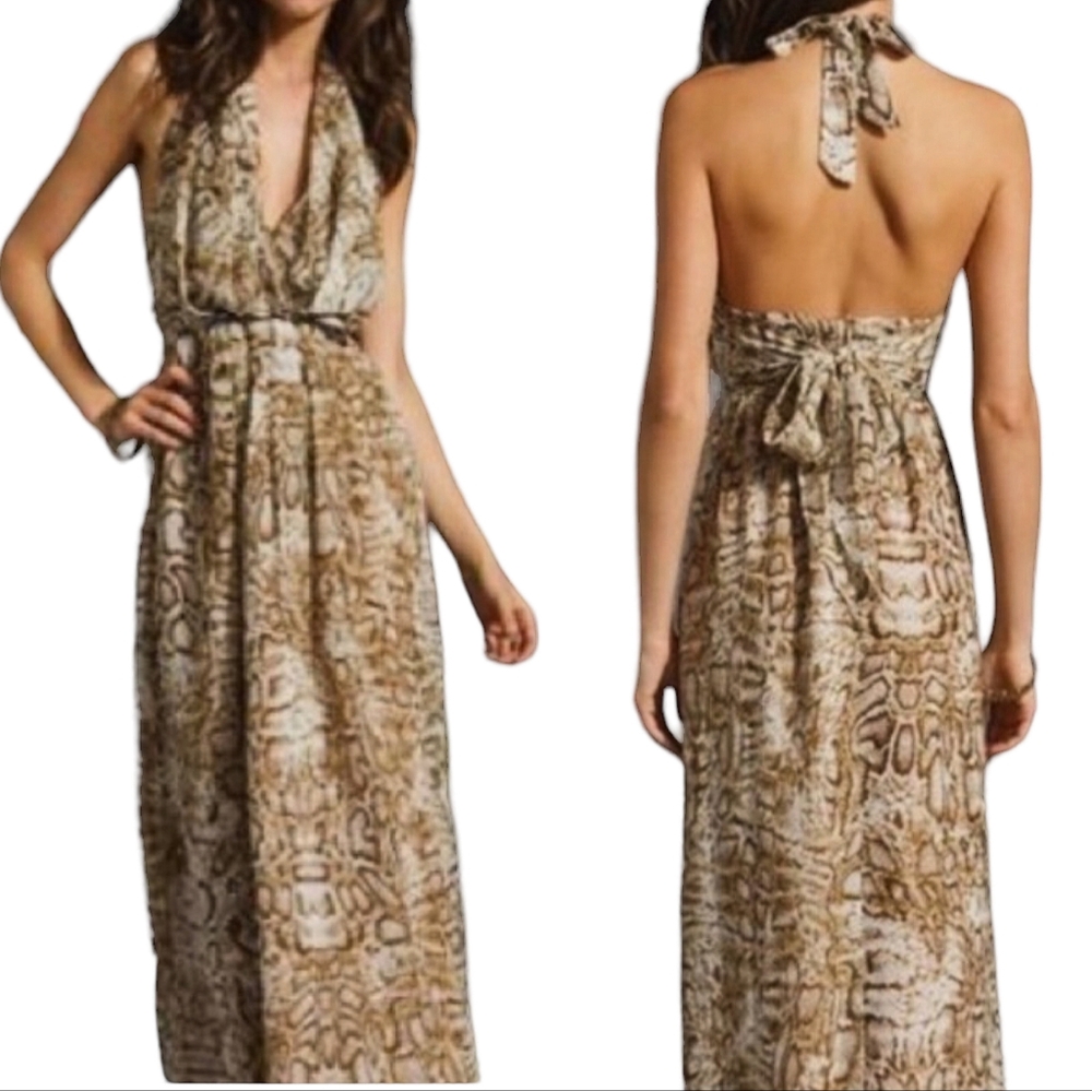 Lovers + Friends Revolve Snake Print Tie Waist Halter Maxi Dress Sz Med Resort